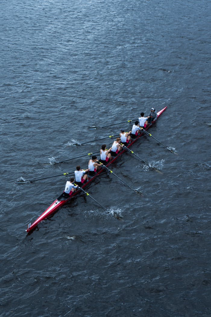 A team rowing on a Boston lake captured from above, showcasing coordination and teamwork.
